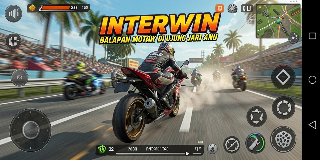 Gameplay seru dan mendebarkan di INTERWIN yang menampilkan balapan motor.