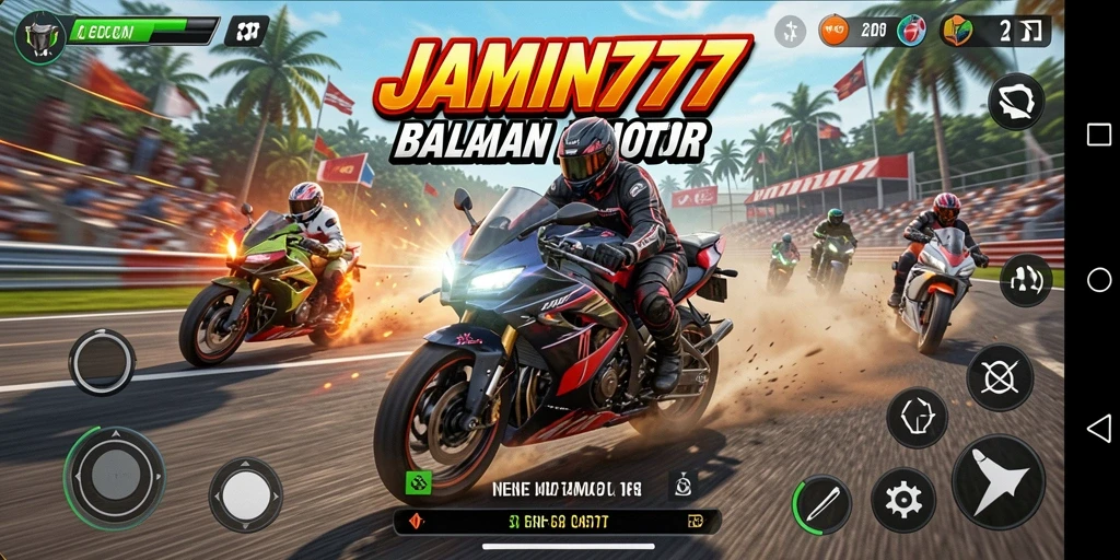 Tampilan gameplay seru di JAMIN777, balapan motor yang mendebarkan.