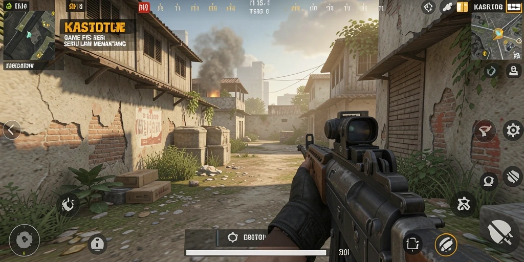 Screenshot utama KASTOTO menampilkan aksi pertempuran FPS yang intens.