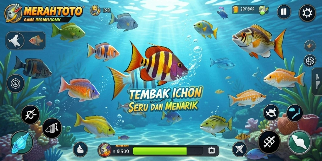 Screenshot gameplay MERAHTOTO menampilkan momen menembak ikan yang mengasyikan.