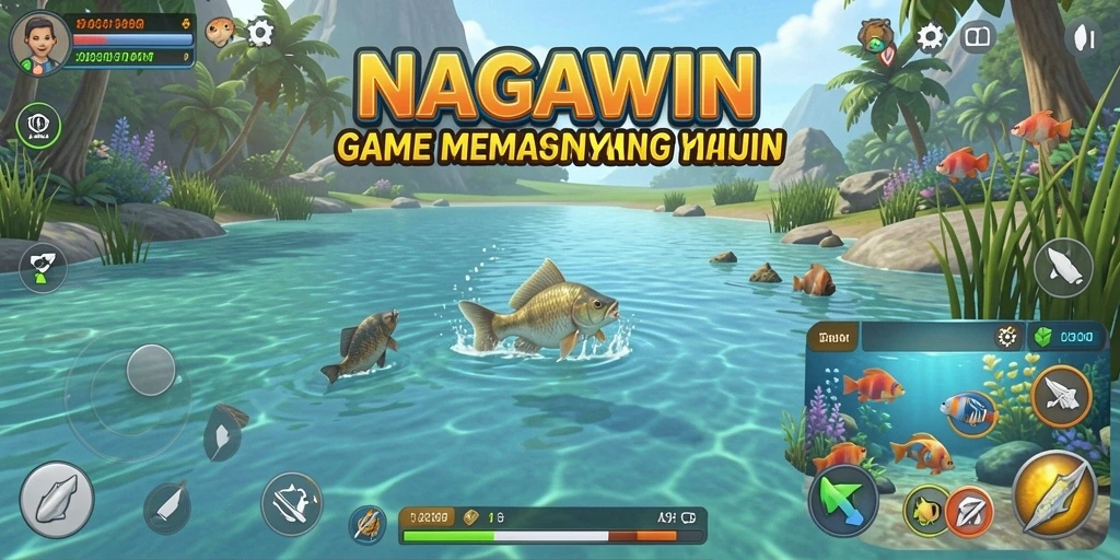 Gameplay mengasyikkan dalam NAGAWIN saat menangkap ikan di danau.